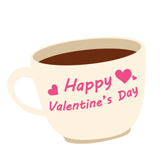 A coffee cup with “Happy Valentine’s Day” text and hearts, perfect for love-themed illustrations, holiday greetings, romantic decor, and cozy celebration visuals in cute flat style.