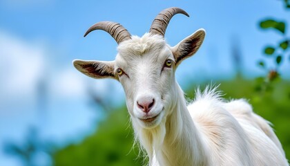 Fototapeta premium Charming White Goat with Spiraled Horns Poses Against a Beautiful Blue Sky Background