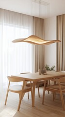 Modern Dining Room with Wooden Furniture and Unique Chandelier
