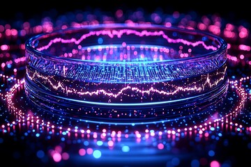 Translucent ring structure with vibrant digital data streams.