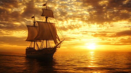 Golden Sunset, Sailing Ship at Sea