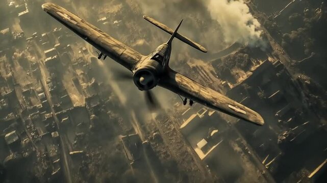 Ascending Glory: Fighter Plane Soars Above Smoky Wartime City Below
