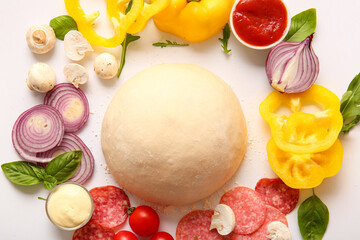 Raw dough and ingredients for preparing pizza on white background