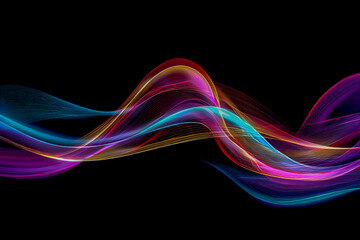Naklejka premium Abstract, colorful, wavy neon light effect on a black background. Design element for a poster, banner, or cover with copy space. Vector illustration