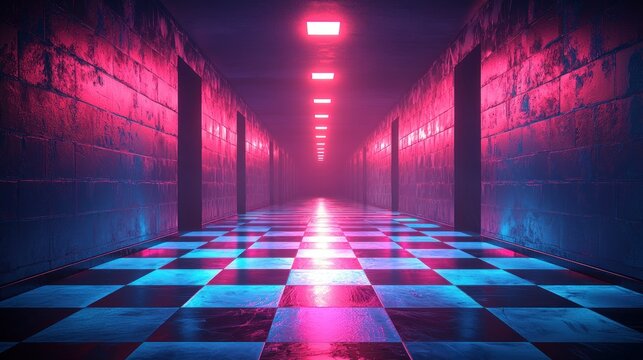 Neon-lit corridor with checkered floor