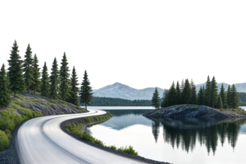 Curved road along a peaceful lake surrounded by lush pine trees and mountains isolated on transparent background