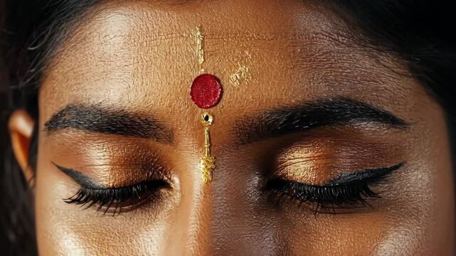 Close-up of a beautiful woman's face with golden eyeshadow, traditional forehead jewelry, dark skin tone, and a red bindi