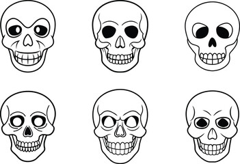 Cartoon Skull Vector Set - Hand-Drawn Line Art Collection of Six Funny and Spooky Skulls