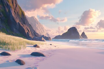 Coastal landscape at sunset, featuring soft pink hues.