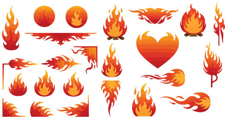 Various stylized orange and red flames and fire shapes in flat design set with dynamic motion elements vector art