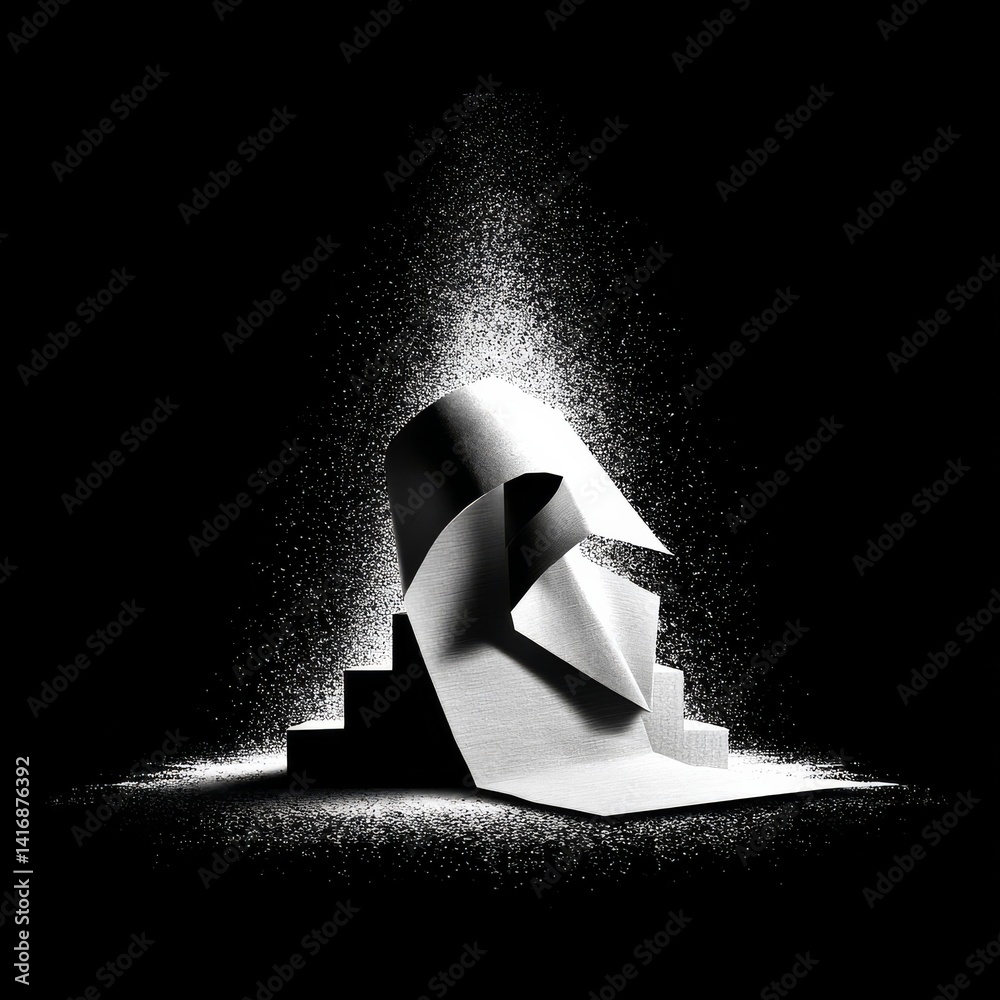 Poster abstract paper sculpture in black and white, ethereal light showering down on a geometric form