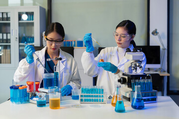 Fototapeta premium Glass vial, pipette and scientist in laboratory for medical study, research or experiment. Test tube, dropper and professional person with chemical liquid for pharmaceutical innovation.