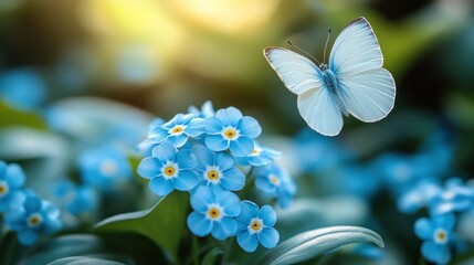 Delicate white butterfly near vibrant blue forget-me-nots