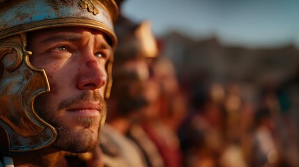 A dramatic close-up portrait of a Roman centurion in golden armour, looking into the distance