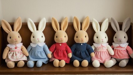 A Charming Collection: Six Plush Rabbit Dolls Dressed in Darling Dresses, Perfectly Aligned on a Wooden Surface.