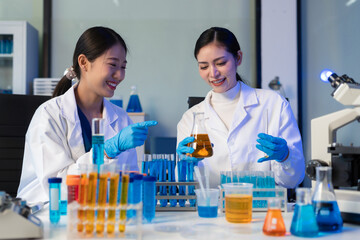 Fototapeta premium Glass vial, pipette and scientist in laboratory for medical study, research or experiment. Test tube, dropper and professional person with chemical liquid for pharmaceutical innovation.