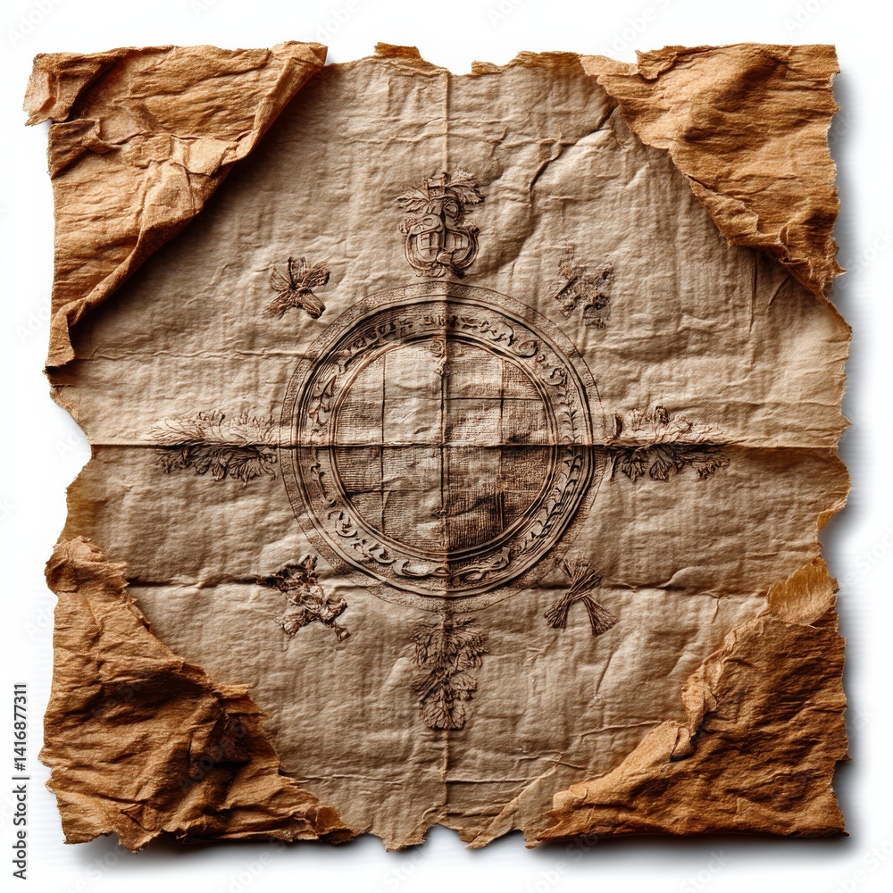 Poster Antique Map Fragment on Crumpled Parchment Paper: Ancient Design and Textured Surface