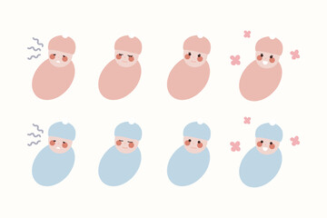 Newborn baby boy and girl with different emotion set. Happy and sad children. Healthcare, facial expressions, care, childhood concepts. Flat people character vector design isolated illustrations.