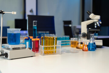 workspace area science lab test tubes, lab equipment.