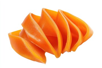 A close-up of a single serving of orange-colored pasta, shaped like a twisted ribbon, against a white background