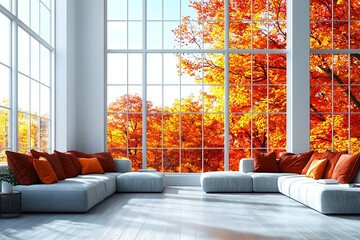 Modern living room with autumnal view through large windows.