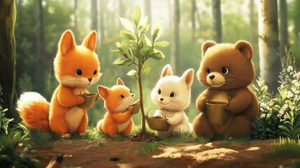 Illustration forest animals planting a tree. Environmental protection concept,ecologists. Earth Day