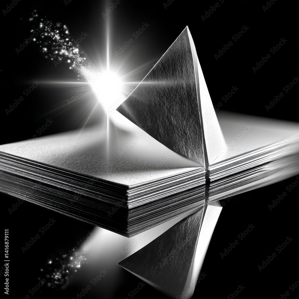 Poster geometric revelation: a silver paper pyramid ascends from stack, illuminated by a burst of light on 