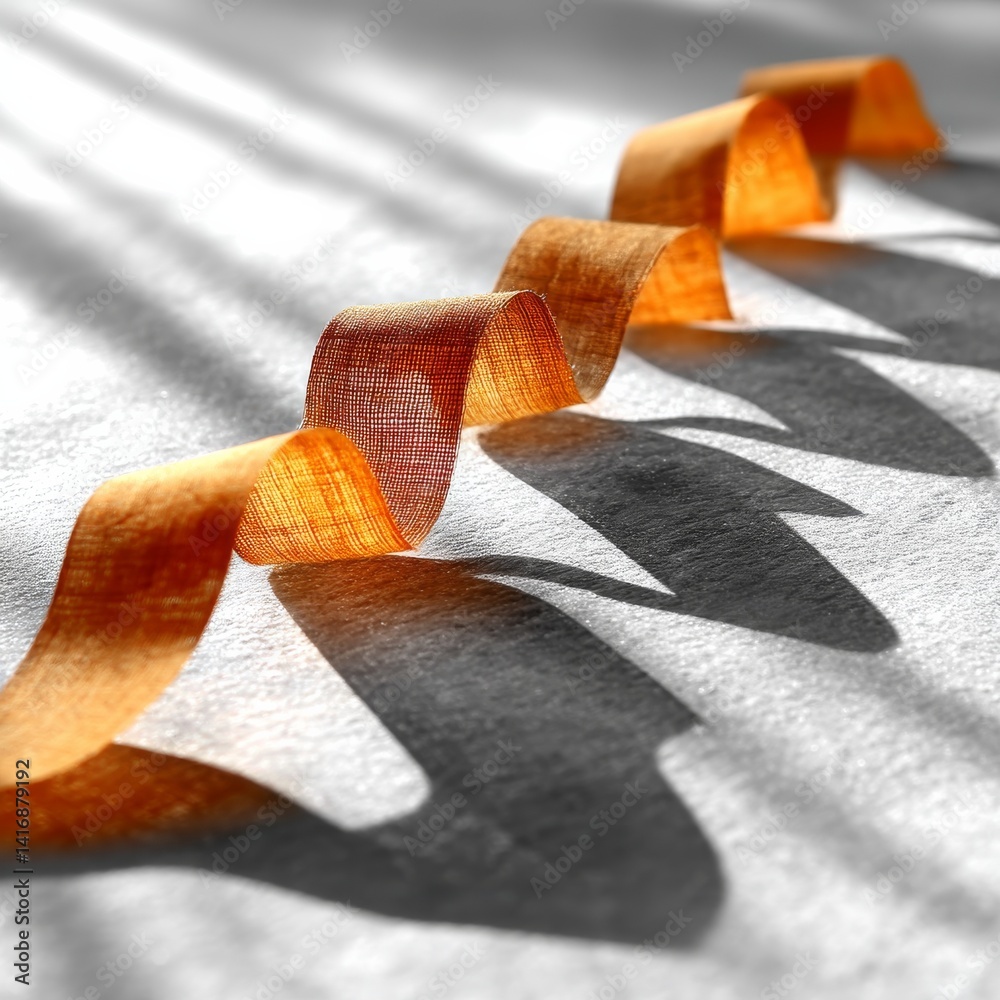Poster golden ribbon's shadow play: a study in light and form on textured paper, evoking a sense of eleganc