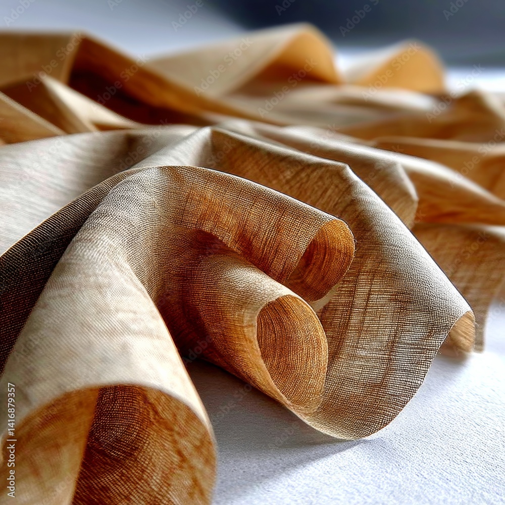Poster intricate waves of textured fabric in earth tones, captured in elegant folds and gentle light, evoki