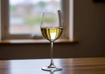 Obraz premium Elegant glass of white wine on a wooden table near a window. Soft natural light, simple composition suggesting relaxation or dining.