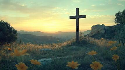 Sunset Cross: A rustic wooden cross stands tall on a hilltop overlooking a serene landscape of wildflowers and mountains at sunset.  The golden hour light casts a peaceful glow.
