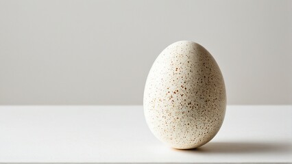 Serene Still Life: A Single Spotted Egg on a Minimalist White Surface, Bathed in Gentle Light and Soft Shadow.
