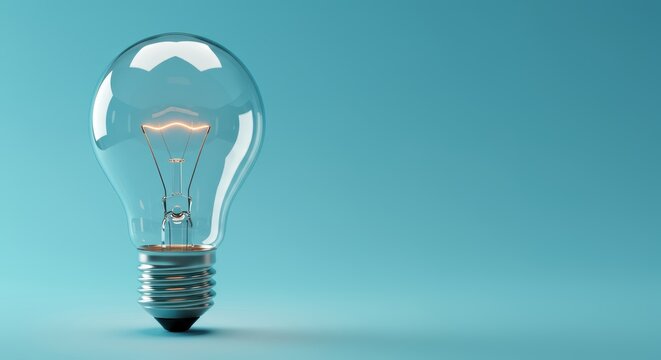 Lightbulb with glowing filament on blue background, ideal for science, innovation, technology, and energysaving concepts in design projects. - Powered by Adobe