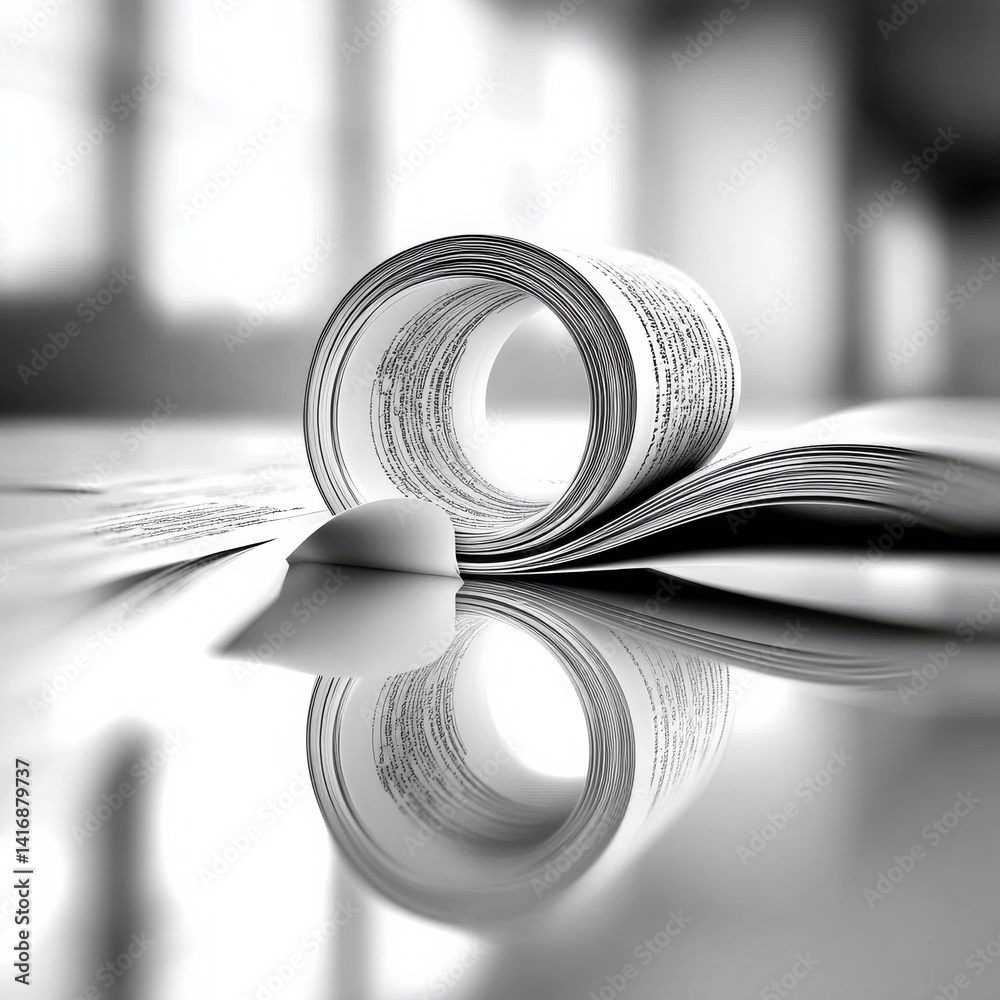 Poster rolled manuscript reflection: a black and white abstraction of knowledge and scholarly pursuit with 