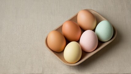 Pastel Palette of Eggs Resting in an Organic Container, Set on a Neutral Tablecloth Backdrop.