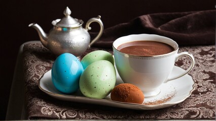 Elegant Easter Morning: Hot Chocolate Served Alongside Decorated Eggs, with Silver Teapot and Embroidered Cloth Background