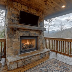 Rustic stone fireplace with mountain view on a covered deck.