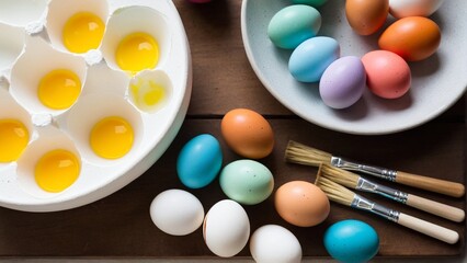 Easter Egg Preparation: Fresh Yolk, Vibrant Colors, and Artistic Brushes Ready for Creative Holiday Celebration and Decoration.