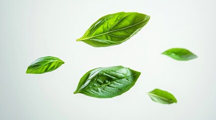 Obraz premium Leafy green plant is shown in the air, with four leaves visible. Concept of growth and vitality, as the leaves are in motion and appear to be floating. The white background adds a sense of contrast