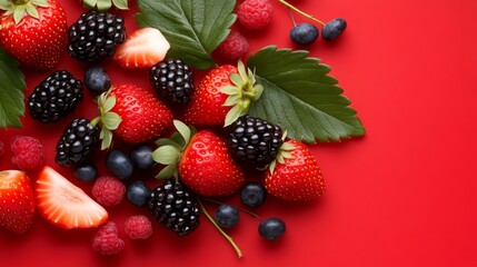 Bowl of strawberries and blackberries on a red background. The bowl is white and the fruit is fresh and colorful
