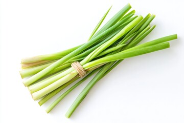 A bunch of fresh lemongrass stalks tied together with a brown string, isolated on a white background