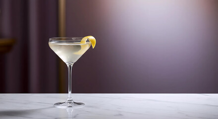 Classic Martini cocktail with lemon twist garnish in martini glass. Served on white marble table surface against blurred sophisticated background. Elegant drink.