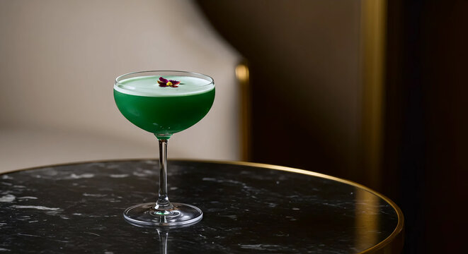Unique green frothy cocktail, possibly Grasshopper or Midori Sour, in coupe glass. Served on dark round table in sophisticated dimly lit bar setting.