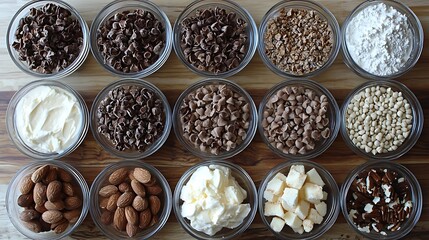 Variety of baking ingredients arranged in small bowls.