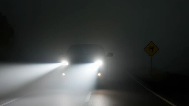 A vehicle's headlights pierce through thick fog on a dark road.