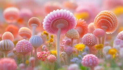 Pastel Fantasy Mushrooms in Dreamy Field - Colorful Fungi Garden Nature