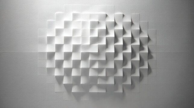 Minimalist 3D printed wall art with geometric white square pattern on textured paper, soft shadows and subtle reflections, high-resolution studio photography