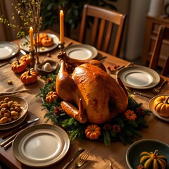Thanksgiving dinner table, golden roasted turkey centerpiece, candlelit ambiance, autumn decorations, warm lighting, rustic wooden table, white plates, festive atmosphere