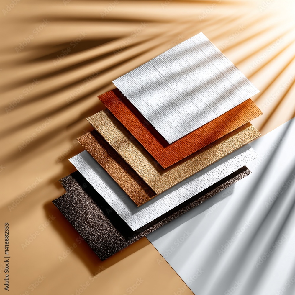 Aufkleber textured material swatches displayed in warm lighting with shadows, showcasing earth tones and a mod