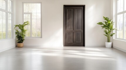 Empty, bright room with large windows and dark door